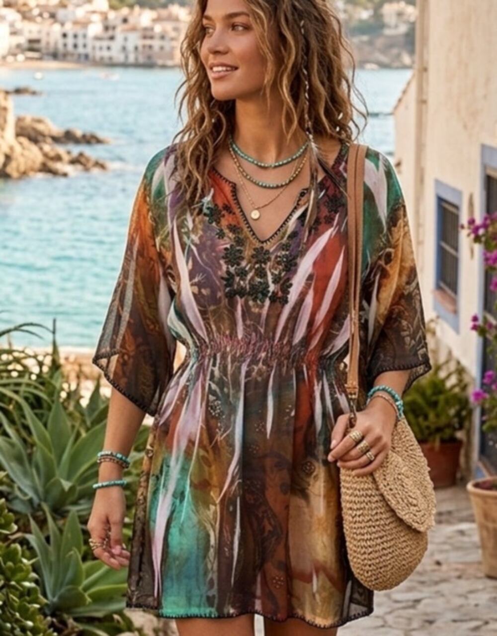 Mushka by Sienna Rose TieDye Boho Blanket Stitched Embroidered Sheer Dress/Shirt